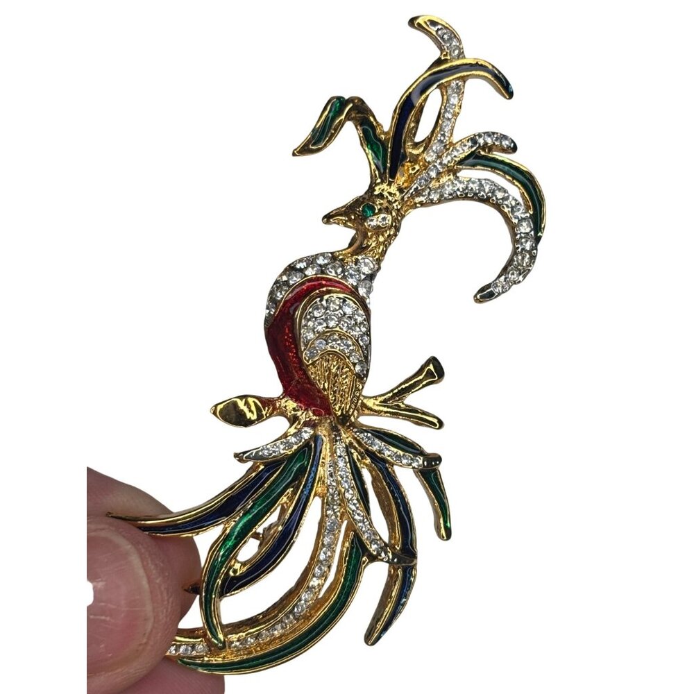 Vintage Peacock Brooch Gold-Tone Rhinestones Enamel Multicolor 5"